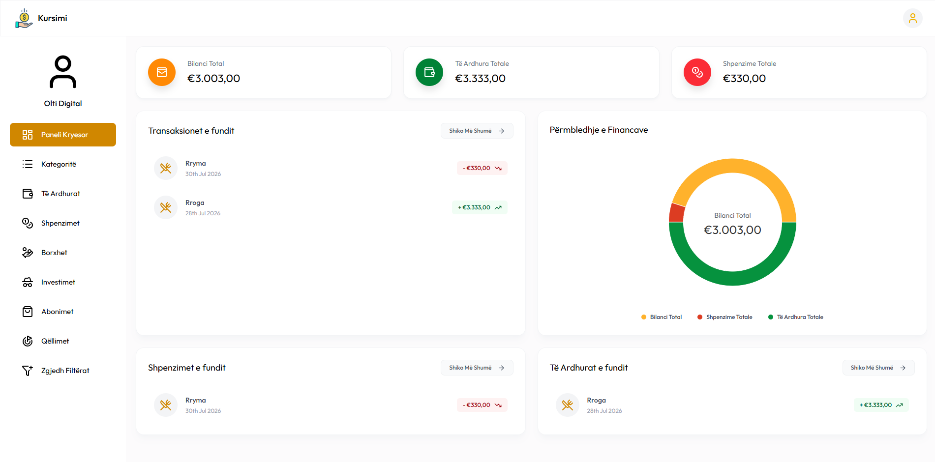 Pamje nga projekti: Kursimi dashboard